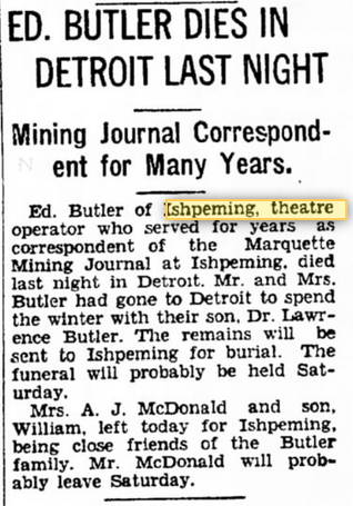 Butler Theatre - 1937 Article On Ed Butler Passing Away